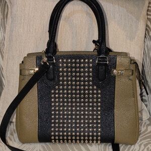 Henri Bendel Carlyle  Black and Tan Studded Satchel Hard To Find